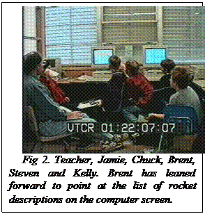 Text Box:  
Fig 2. Teacher, Jamie, Chuck, Brent, Steven and Kelly. Brent has leaned forward to point at the list of rocket descriptions on the computer screen.
