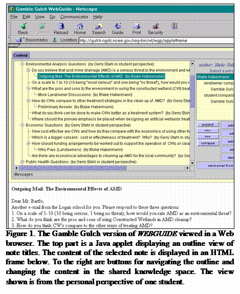 Text Box:  
Figure 1. The Gamble Gulch version of WEBGUIDE viewed in a Web browser. The top part is a Java applet displaying an outline view of note titles. The content of the selected note is displayed in an HTML frame below. To the right are buttons for navigating the outline and changing the content in the shared knowledge space. The view shown is from the personal perspective of one student.
