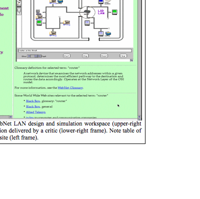 Text Box:  
Figure 5-4. The WebNet LAN design and simulation workspace (upper-right frame) and information delivered by a critic (lower-right frame). Note table of contents to the Web site (left frame).

