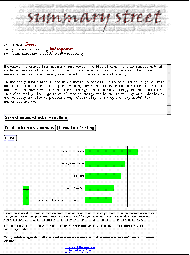 Text Box:  
 
Figure 2. Screen shots showing a student summary and first level of content feedback from Summary Street. Green horizontal bars indicate to what extent the content of each section was adequately covered in the summary, with the threshold indicated by a black vertical line. The vertical bar on the left is a length indicator, shown in green if the summary is within the prescribed limits and red if not.
