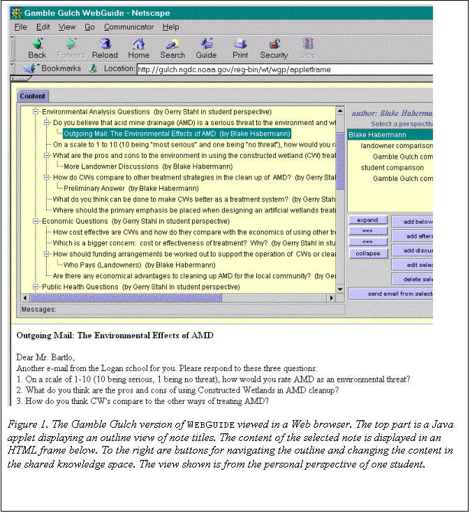 Text Box:  
Figure 1. The Gamble Gulch version of WebGuide viewed in a Web browser. The top part is a Java applet displaying an outline view of note titles. The content of the selected note is displayed in an HTML frame below. To the right are buttons for navigating the outline and changing the content in the shared knowledge space. The view shown is from the personal perspective of one student.
